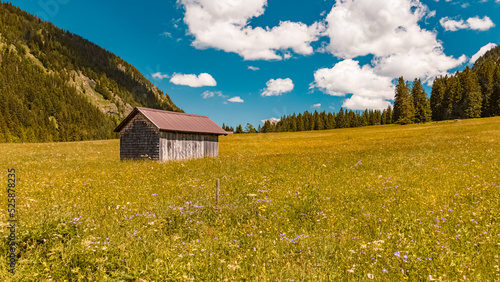 Beautiful alpine summer view with a wooden hut at the famous Vilsalpsee, Tannheimer Tal valley, Tannheim, Tyrol, Austria