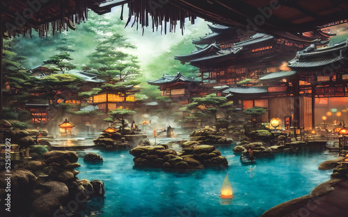 Fantasy Japanese landscape spa. Japanese hot springs, ancient architecture. 3D illustration.