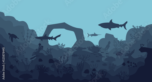 silhouette of coral reef with fish on blue sea background underwater vector illustration	

