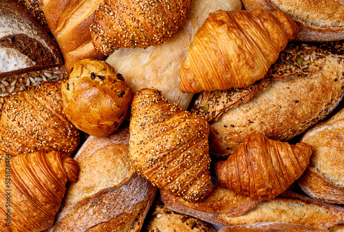 Bread and croissant top view, lots of baked goods
