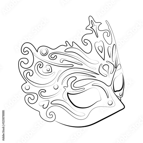 Vintage party masks in black and white. Beautiful Venetian carnival mask in line art style. Masquerade mask for festive invitations, banners, greeting cards, coloring books. Mardi Gras. Sketch drawing