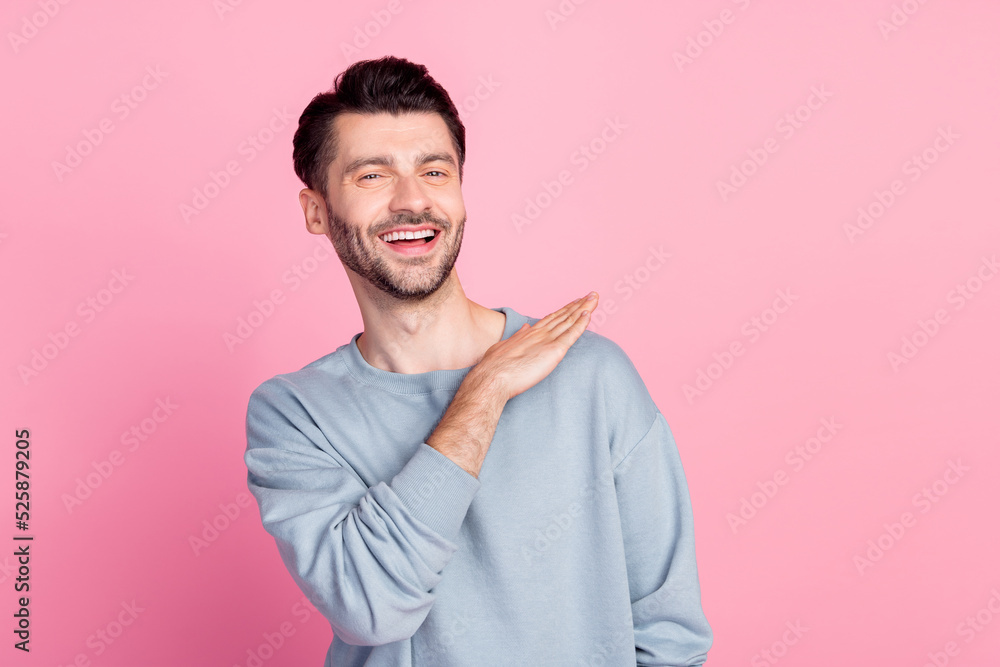 Portrait of satisfied glad person toothy smile arm touch wipe shoulder isolated on pink color background Portrait of satisfied glad person toothy smile arm touch wipe shoulder isolated on pink color background