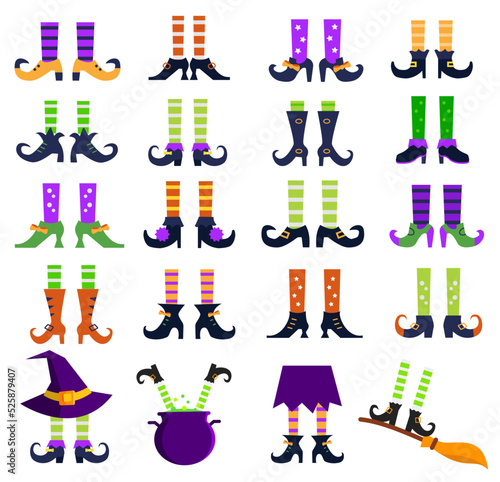 Happy Halloween different witches feet set. Collection of legs, boots, shoes and striped pants. Witchcraft cauldron and broom, vector illustrtion