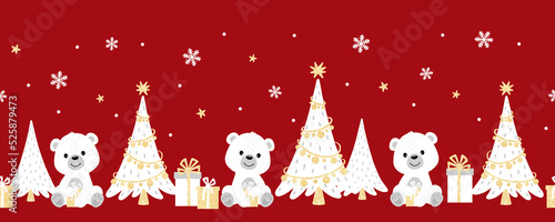 Christmas seamless border with polar bears, fir trees, snowflakes, stars with gold texture. New Year, Christmas, holiday. Christmas ribbon. Gold glitter effect on a red background.
