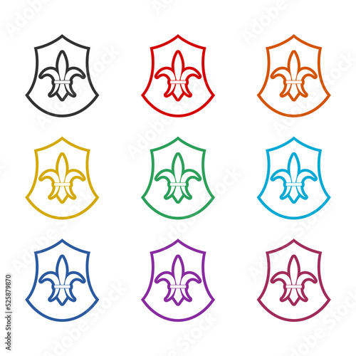 Coat of arms with fleur de lis icon. Set icons colorful