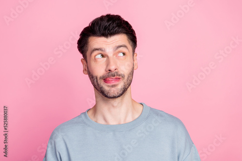 Canvas Print Photo of minded positive person tongue lick lip look interested empty space isol