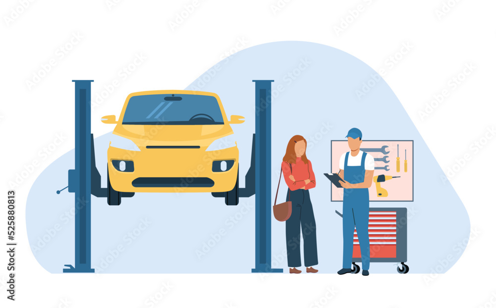 Woman driver in a car service talking to a mechanic about a list of car repairs. Vector illustration.