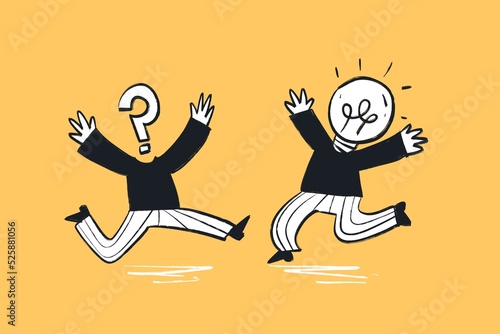 Problem solving, problem meets idea, question mark and lightbulb - Comic strip in cartoon style for post, illustration, web