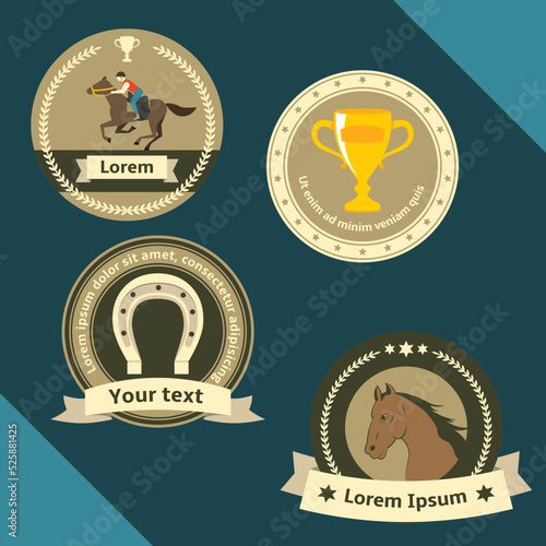 Horseback riding flat badges and labels of horse rider equestrian sport dressage and horseshoe isolated vector illustration