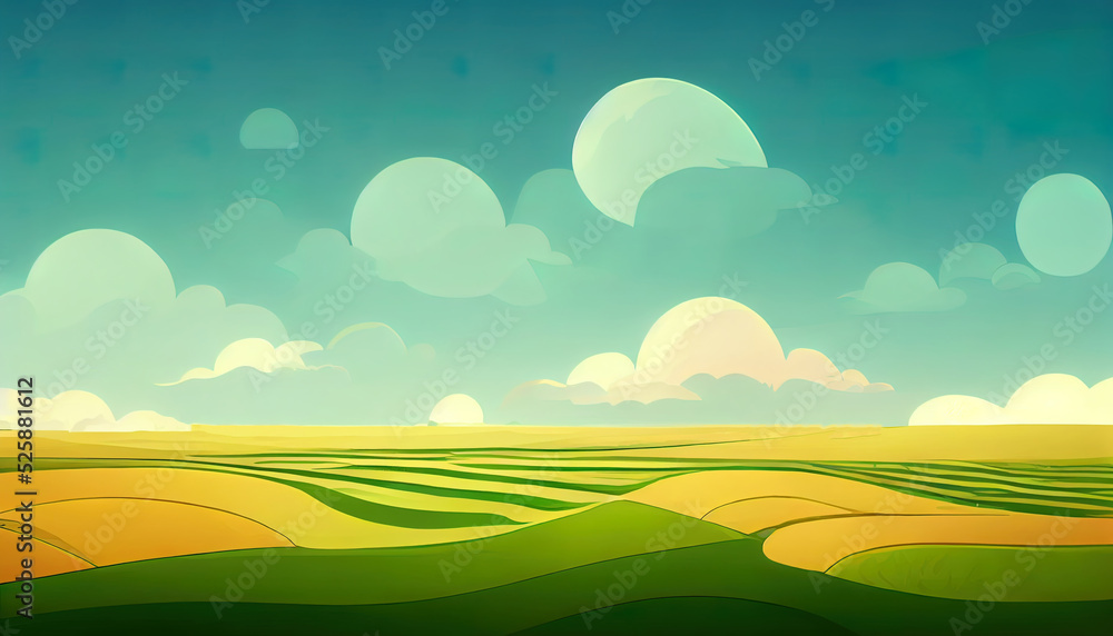 A landscape cartoon painting of fields and clouds. A drawing of a minimal rural view. A colorful doodle of wheat fields. High quality wallpaper.