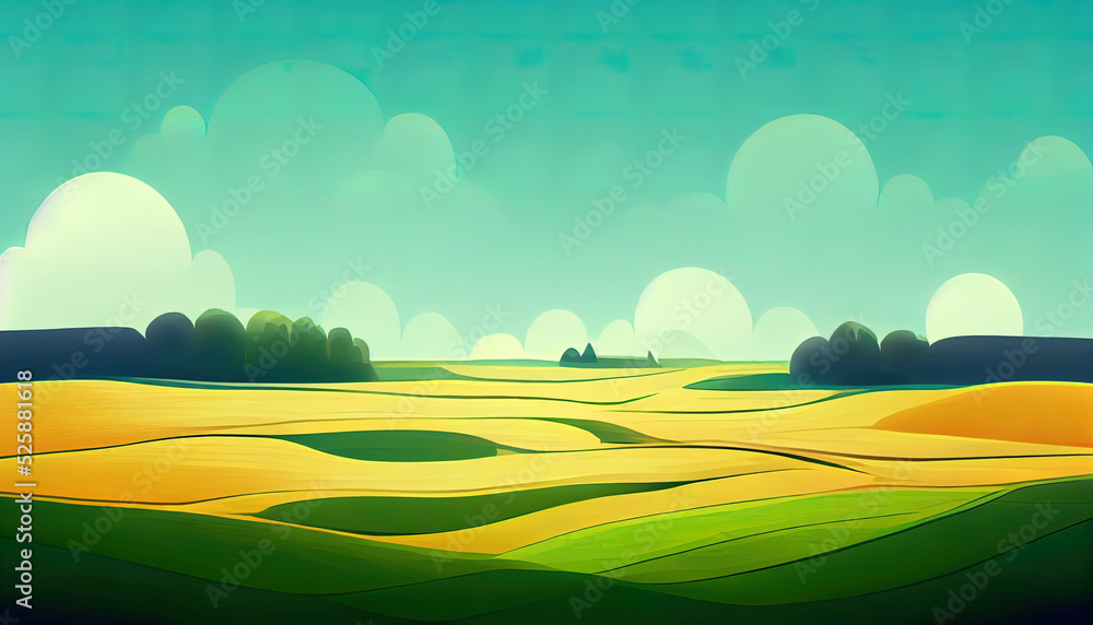 Obraz premium A landscape cartoon painting of fields and clouds. A drawing of a minimal rural view. A colorful doodle of wheat fields. High quality wallpaper.
