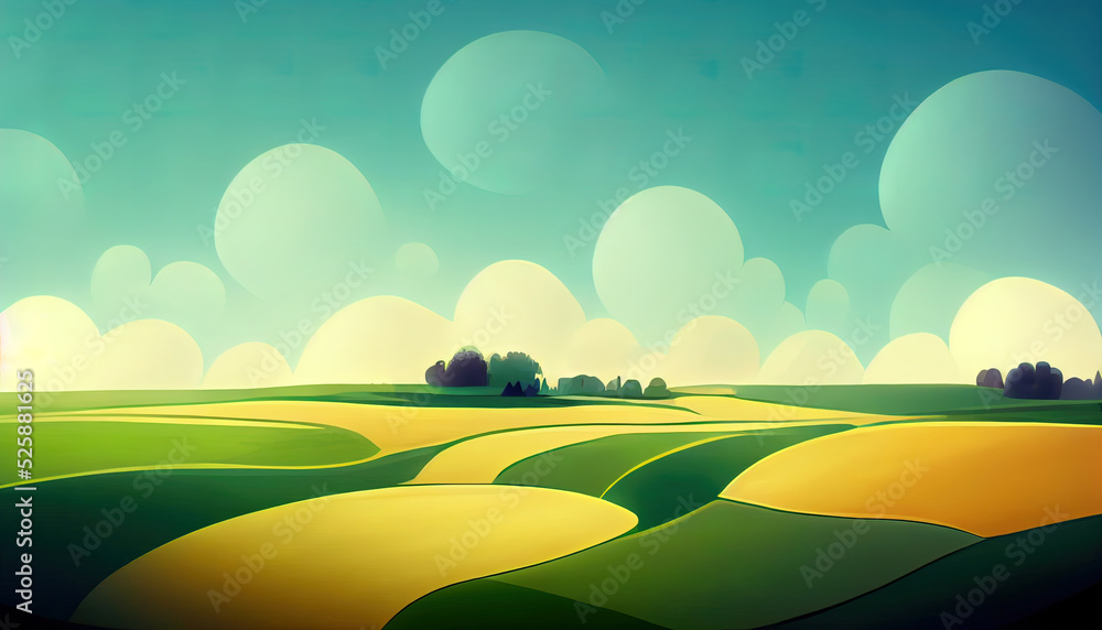 A landscape cartoon painting of fields and clouds. A drawing of a minimal rural view. A colorful doodle of wheat fields. High quality wallpaper.