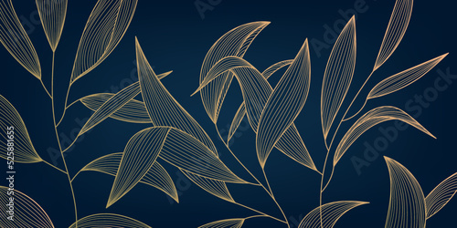 Vector golden leaves botanical modern, art deco wallpaper background. Line design for interior design, textile patterns, textures, posters, package, wrappers, gifts etc. Luxury. Japanese style.