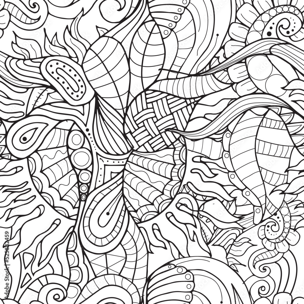 Abstract monochrome seamless coloring book pattern.