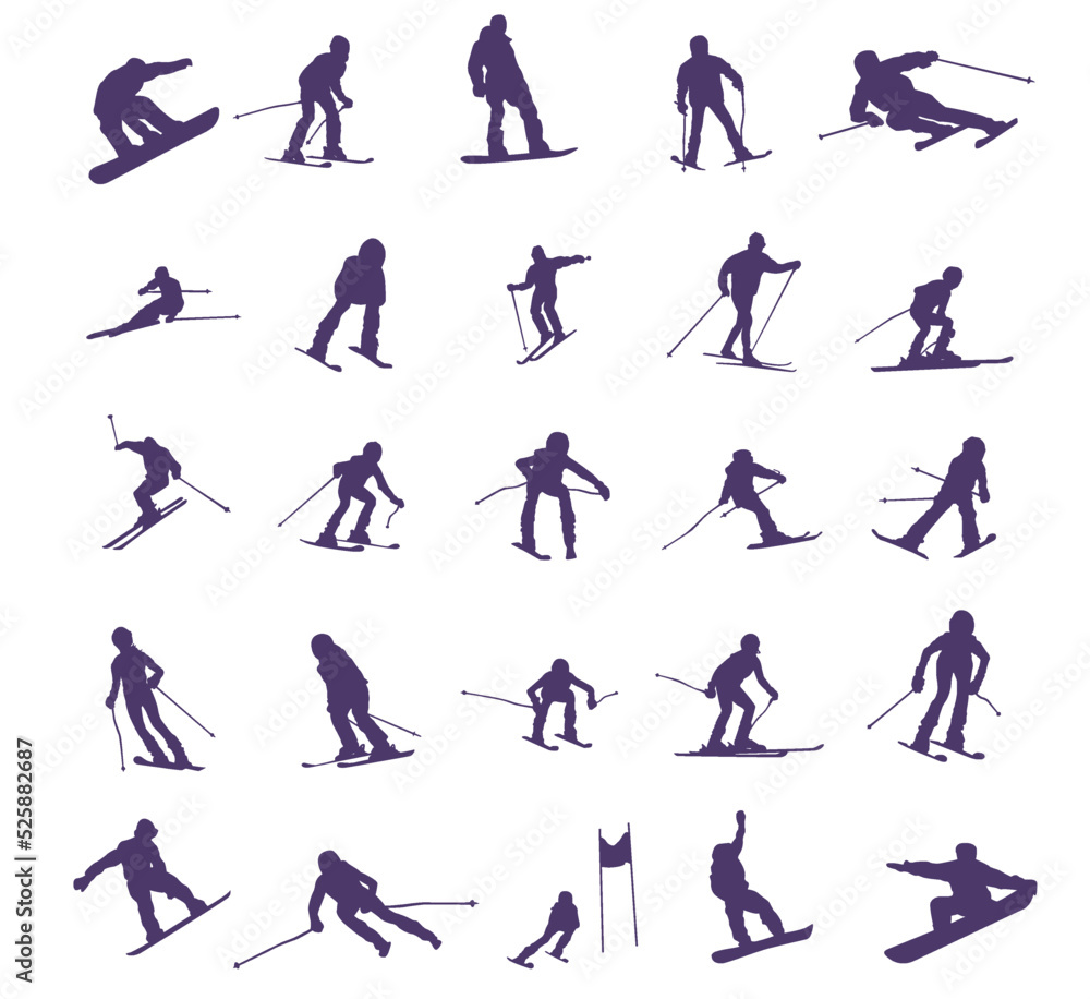 Fototapeta premium Set of silhouette skiers and snowboarders