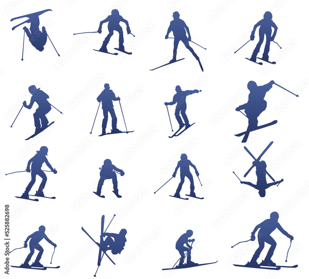 Set of silhouettes of different skiers Set of silhouettes of different skiers