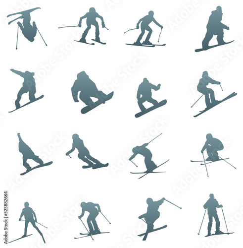 Set of ski adventurers silhouettes. Skiers and snowboarders.