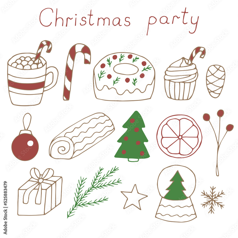 Christmas party set vector illustration, hand drawing doodles Christmas party set vector illustration, hand drawing doodles