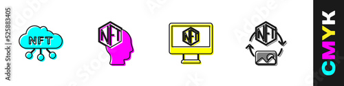 Set NFT cloud, Digital crypto art, Monitor with store app and icon. Vector