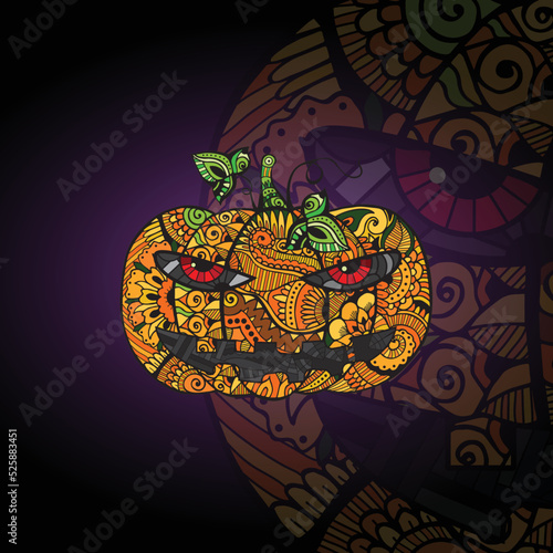 Halloween pumpkin mascot . Jack-o'-lantern face. Filled with zentangle pattern photo