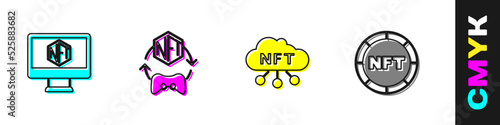 Set Monitor with art store app, NFT Digital crypto, cloud and icon. Vector