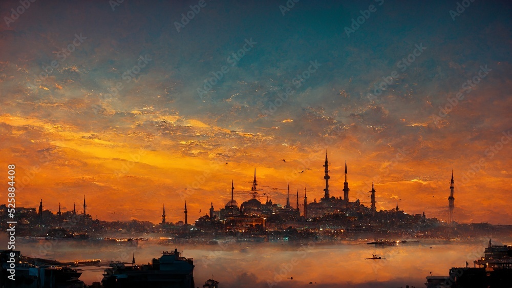 Obraz premium Beautiful Istanbul sunrise landscape with colorful sky. Travel Turkey concept.