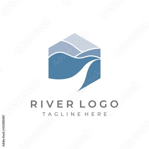 Logos of rivers, creeks, riverbanks and streams. River logo with combination of mountains and farmland with concept design vector illustration template.