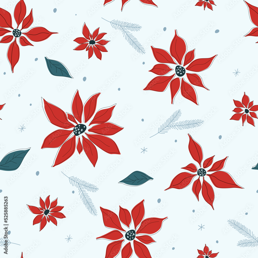 Seamless pattern with Christmas poinsettia flower. Winter New Year's print with snowflakes. Vector graphics.