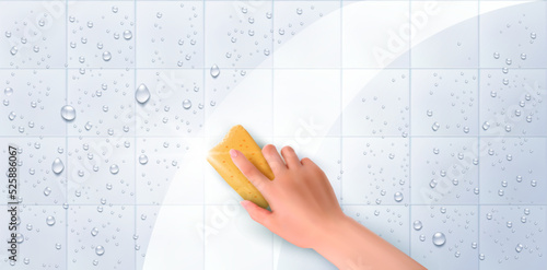 Hand holds a cleaning yellow sponge and wipes a soapy foam on a dirty white tiles with realistic water drops befor and after. Cleaning concept, cleaning service. Banner. Vector
