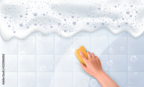 Hand holds a cleaning yellow sponge and wipes a soapy foam on a dirty white tiles befor and after. Cleaning concept, cleaning service. Banner. Vector
