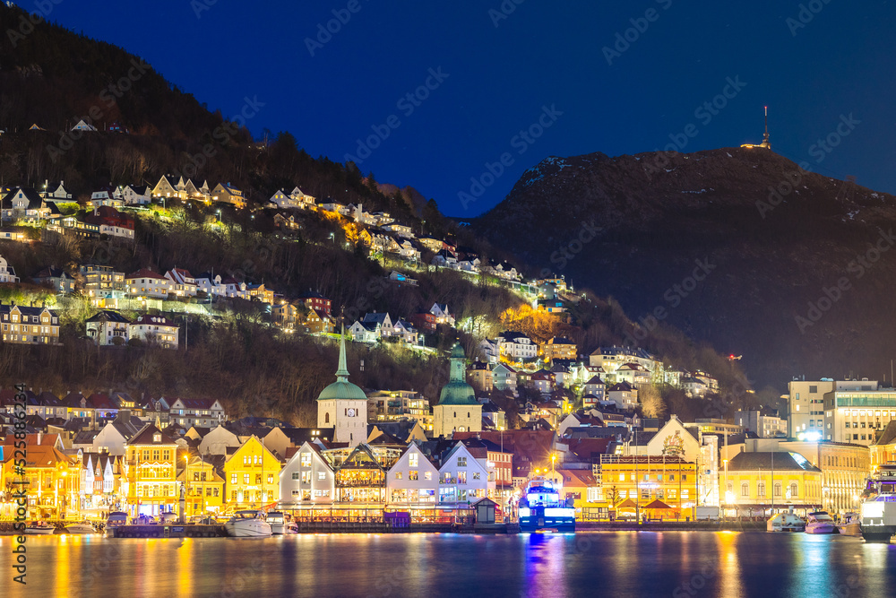 The city of Bergen captured in April. The beautiful blue hour adds charm to the city located in the fjord