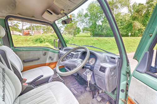 Green micro Van with wood trim