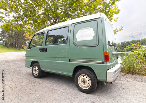 Green micro Van with wood trim