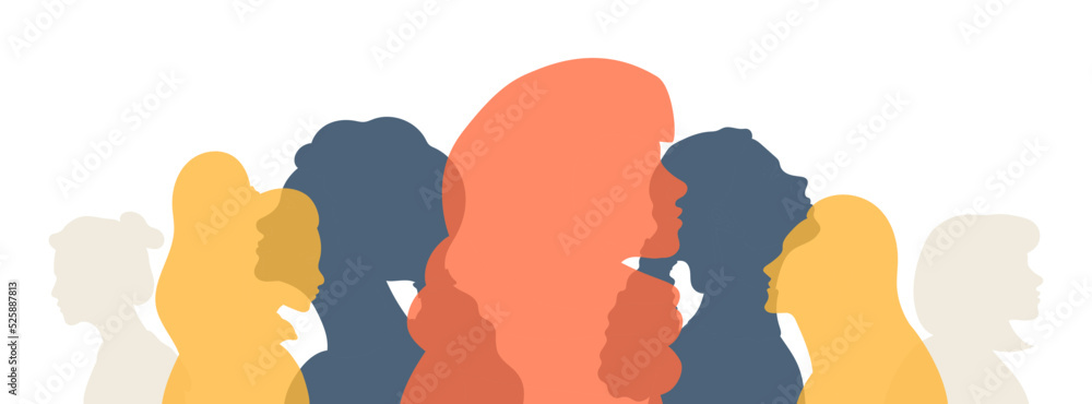 Concept of the unity of women for rights and freedom in society. Girls with different nationalities united together friendship the union of feminists or sisterhood. Multinational. Vector illustration