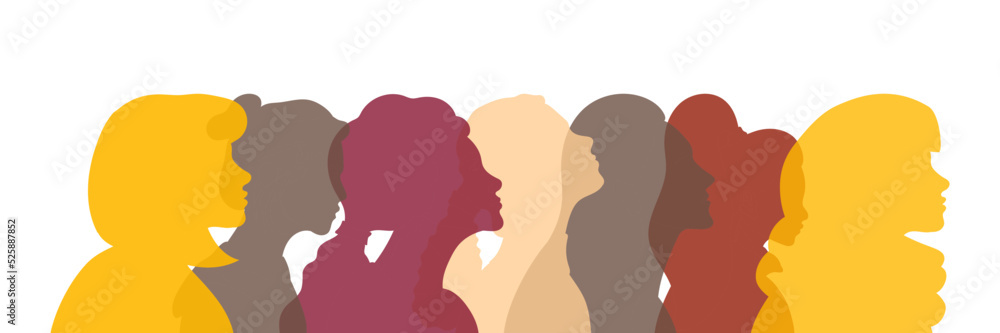 Concept of Strong and Independent Women Who Fight For Equality, Rights, Freedom. Women of Different Nationalities United. Beautiful Flat Girls in Different Color Profile. Gender Equality Vector