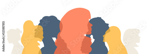 Concept of the unity of women for rights and freedom in society. Girls with different nationalities united together friendship the union of feminists or sisterhood. Multinational. Vector illustration