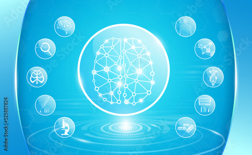 abstract background technology concept in blue light,brain and human body heal ,technology modern medical science in future and global international medical with tests analysis clone DNA human