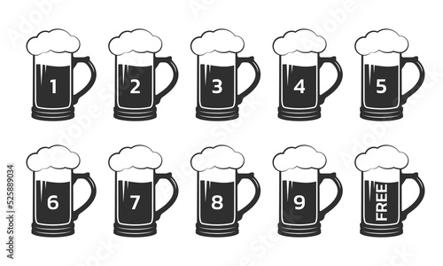 Beer loyalty card design template.  Buy 9 beer mugs and get 1 for free. Bar, pub promotion concept. Vector illustration.
