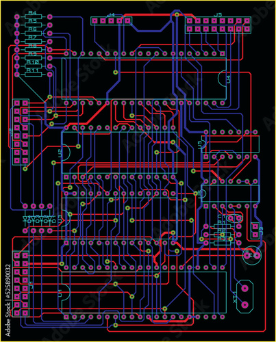 Tracing the conductors of a multilayer printed circuit board.
Vector drawing a1 of printed tracks, transition holes,
contact pads and copper metallization areas.
Silkscreen printing, assembly drawing.