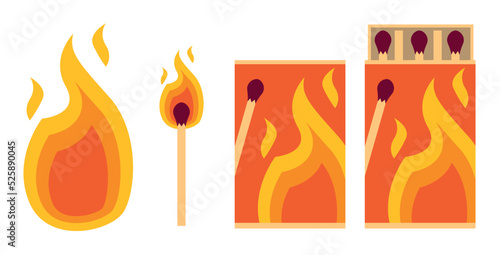 Collection of matches. Burning match with fire, opened matchbox, burnt matchstick. Vector isolated on white background