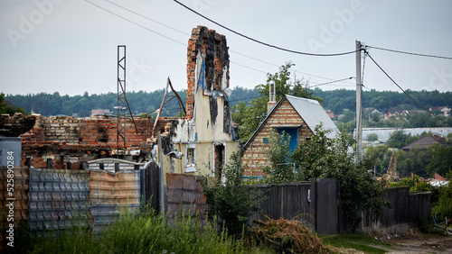 Horenka, Ukraine - August 25, 2022: the consequences of russian invasion in Kyiv region near Gostomel. Civil buildings were bombed and heavily damaged photo