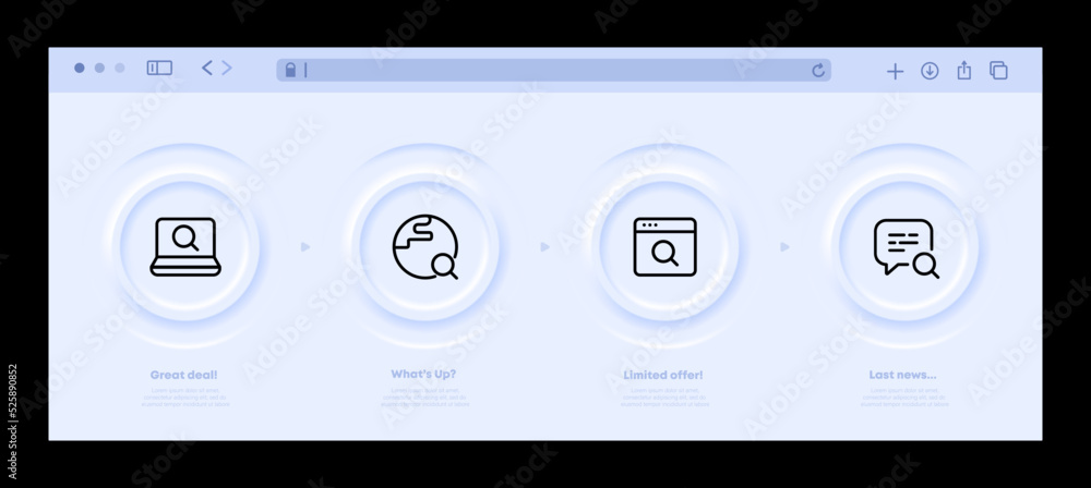 Search for information on the internet set icon. Laptop, magnifier, planet, worldwide web, www, speech bubble, surf, user, data. Technology concept. Neomorphism website interface. Vector line icon Search for information on the internet set icon. Laptop, magnifier, planet, worldwide web, www, speech bubble, surf, user, data. Technology concept. Neomorphism website interface. Vector line icon