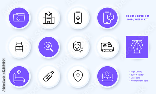 Treatment set icon. Disease history, hospital, call doctor, consultation, jar, magnifier, cough, ambulance, emergency room, thermometer, map pointer. Healthcare concept. Neomorphism. Vector line icon