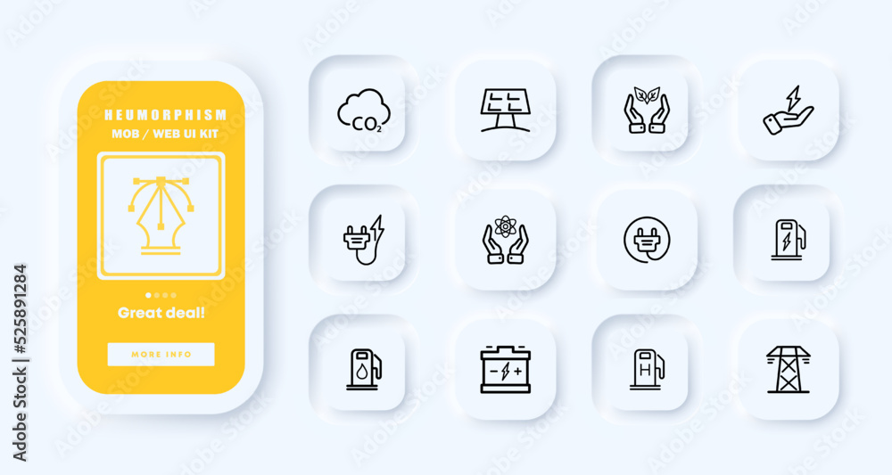 Eco friendly sources of electricity set icon. Eco, solar battery, carbon dioxide, plug, hydrogen, accumulator, electric tower. Technology concept. Neomorphism. UI phone app screens. Vector line icon