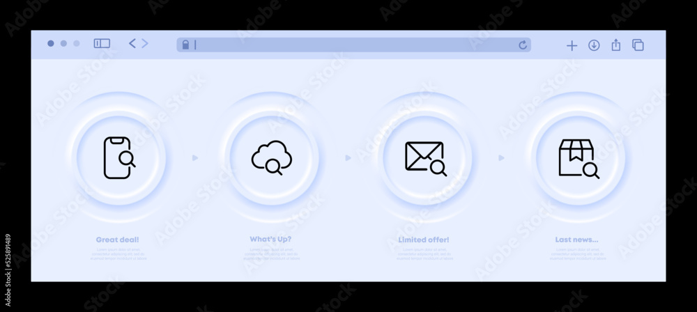 Magnifiers for search set icon. Phone, cloud storage, letter, email, management, box, track the parcel. Technology concept. Neomorphism website interface. Vector line icon for Business and Advertising Magnifiers for search set icon. Phone, cloud storage, letter, email, management, box, track the parcel. Technology concept. Neomorphism website interface. Vector line icon for Business and Advertising