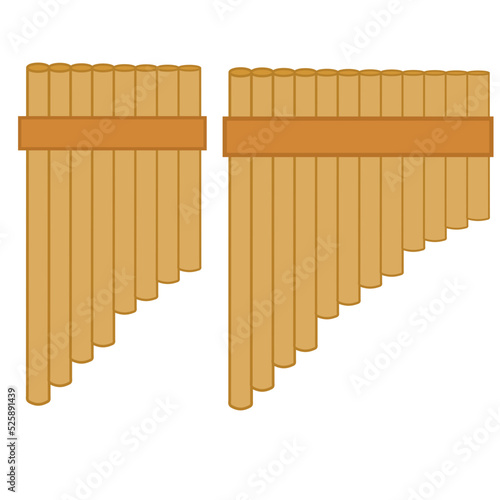 Wooden pan flute musical instrument isolated on white background.Peruvian pan pipe.Bamboo mouthorgan.Sign, symbol, icon or logo isolated.Flat design.Clipart.Cartoon vector illustration.Graphic.