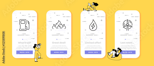 Sources of energy set icon. Gas station, fire, wind mill, farm, hydroelectric power station, power plant, lightning, sustainable, eco. Tecnology concept. UI phone app screens. Vector line icon