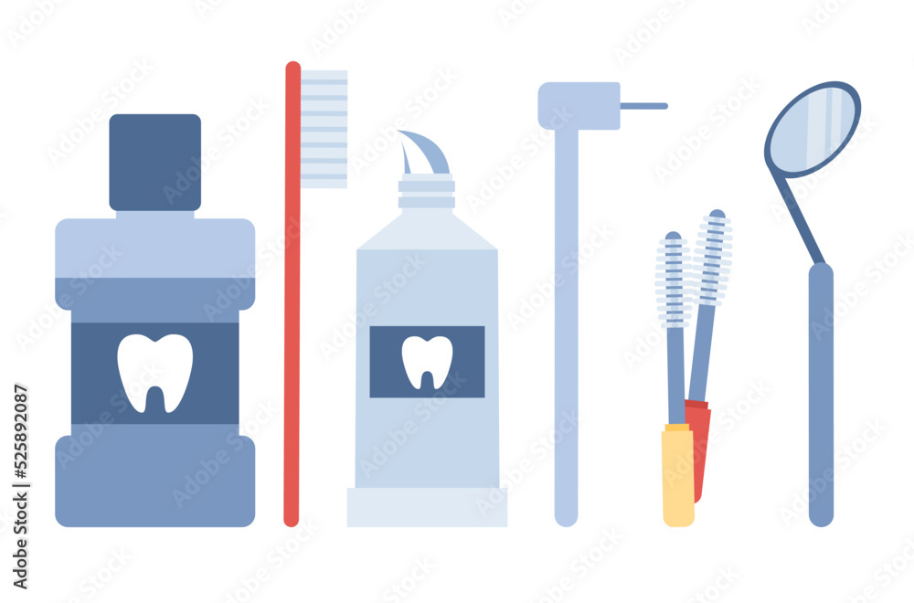 Dental care products and dental tools icon. Oral care and hygiene. Vector flat illustration Dental care products and dental tools icon. Oral care and hygiene. Vector flat illustration