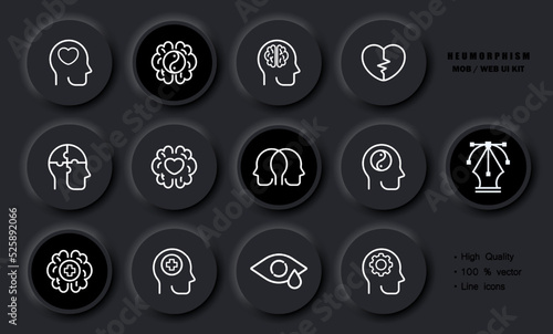 Psychotherapy set icon. Mental health, broken heart, brain, order thoughts, depression, schizophrenia, split personality, alter ego, psychiatry. Healthcare concept. Neomorphism. Vector line icon