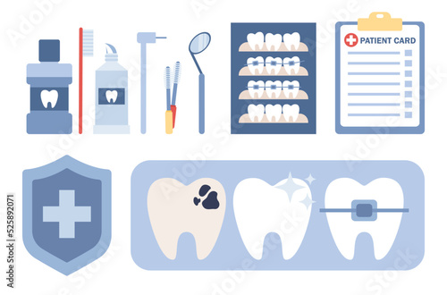 Dental icon set. Private dentistry, orthodontic services, dental esthetic clinic. Teeth with problem and injuries, dental braces, cleaning. Straightening and treatment teeth. Vector flat illustration